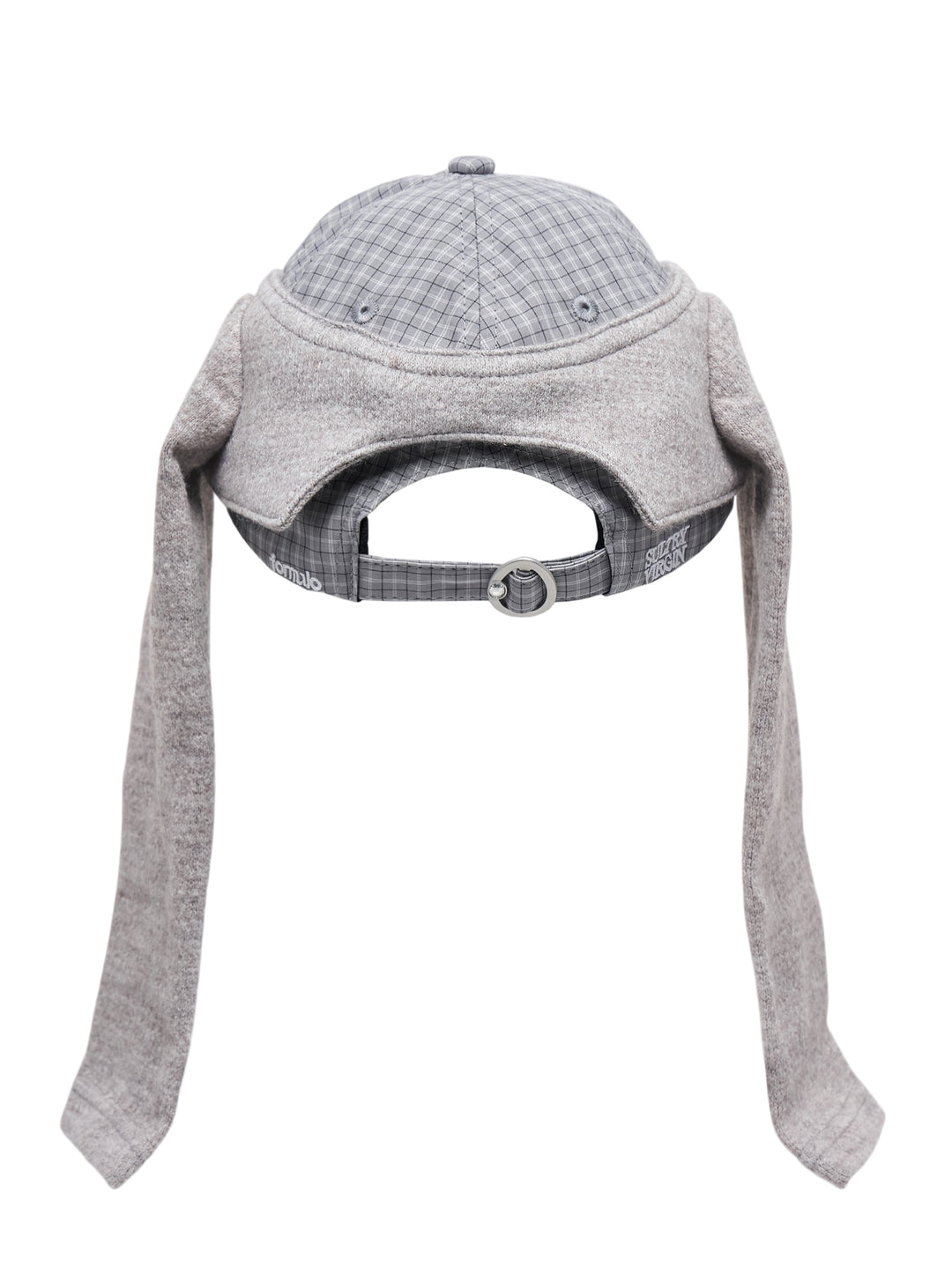 Sultry Virgin Alumni Cardigan Cap in grey plaid with embroidered FML monogram, featuring an attached grey knit cardigan with button placket and hanging sleeves - view 2