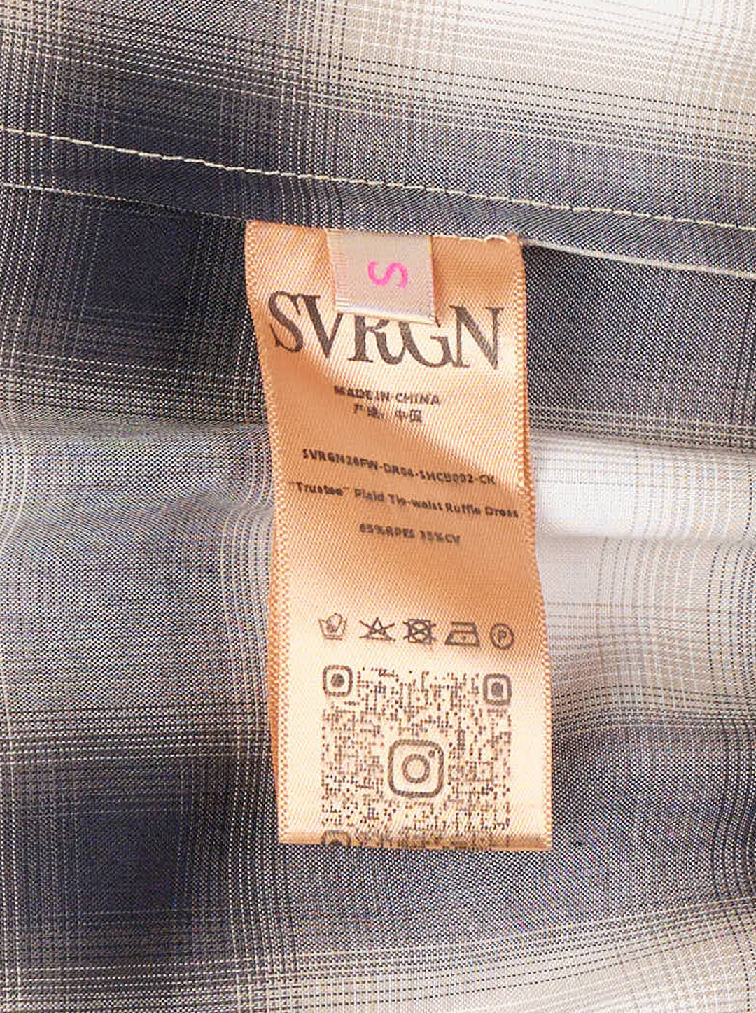 Sultry Virgin plaid tie-waist ruffle shirt in ombre charcoal and ivory check, featuring a point collar, button-front, long sleeves, and voluminous gathered ruffle hem with trailing tie detail - view 3