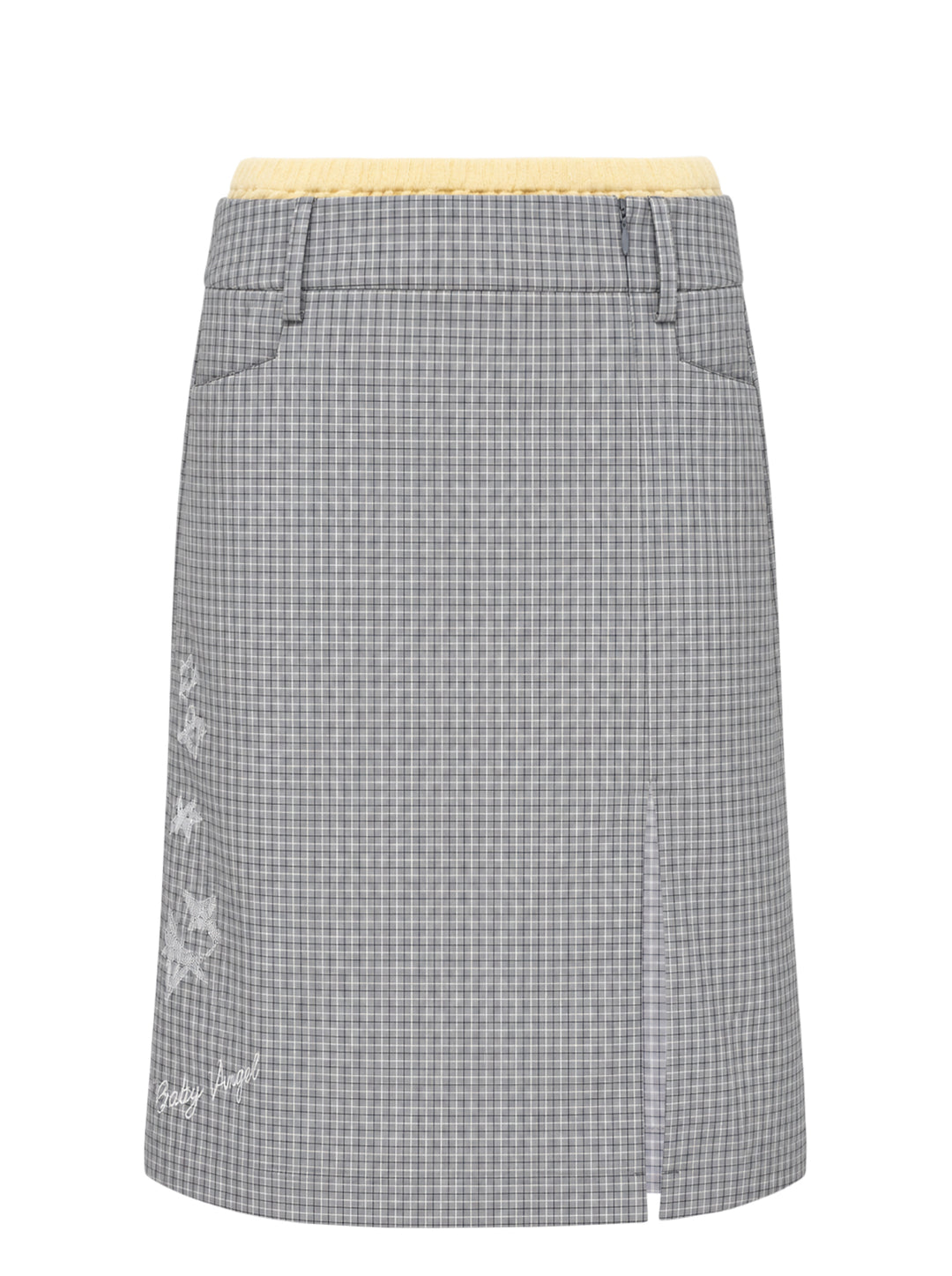 Sultry Virgin Freshman Deconstructed Gingham Skirt in grey check with yellow knit waistband, star embroidery, and 'Baby Angel' script detail on a white background
