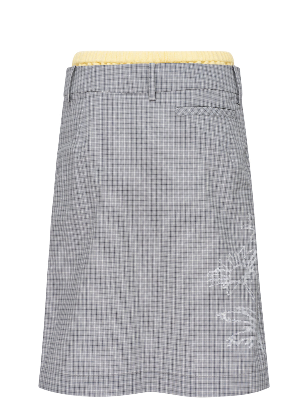 Sultry Virgin Freshman Deconstructed Gingham Skirt in grey check with yellow knit waistband, star embroidery, and 'Baby Angel' script detail on a white background - view 2