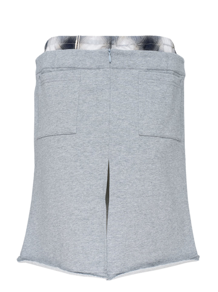 Sultry Virgin Born Mommy Varsity Skirt in heather grey sweatshirt fleece with pink collegiate lettering, drawstring waist, plaid fold-over lining, and front patch pocket - view 2