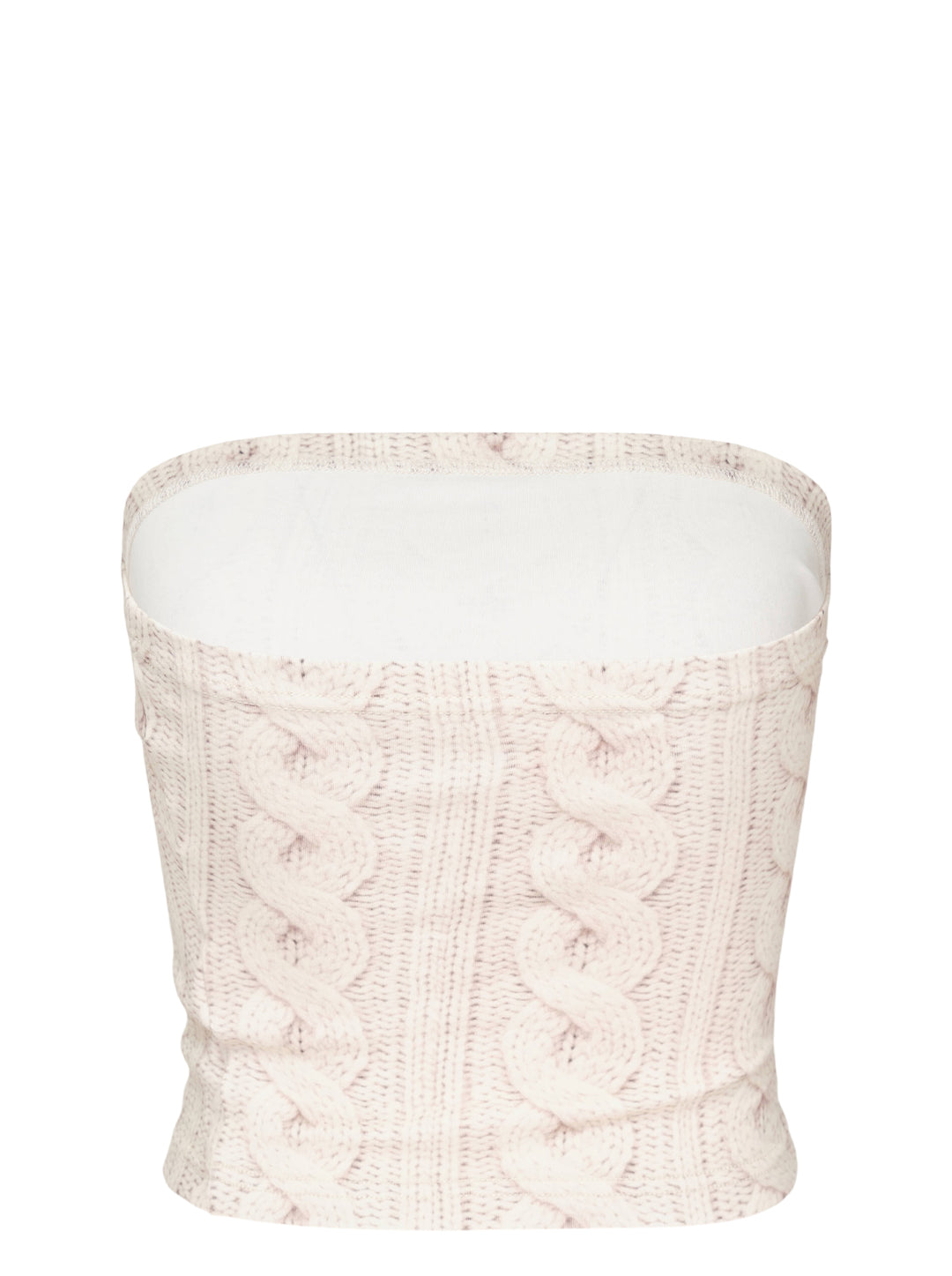 Sultry Virgin cream cable knit print strapless tube top with collegiate 'Virgin Institution' crest graphic at the hem, photographed flat on a white background - view 2