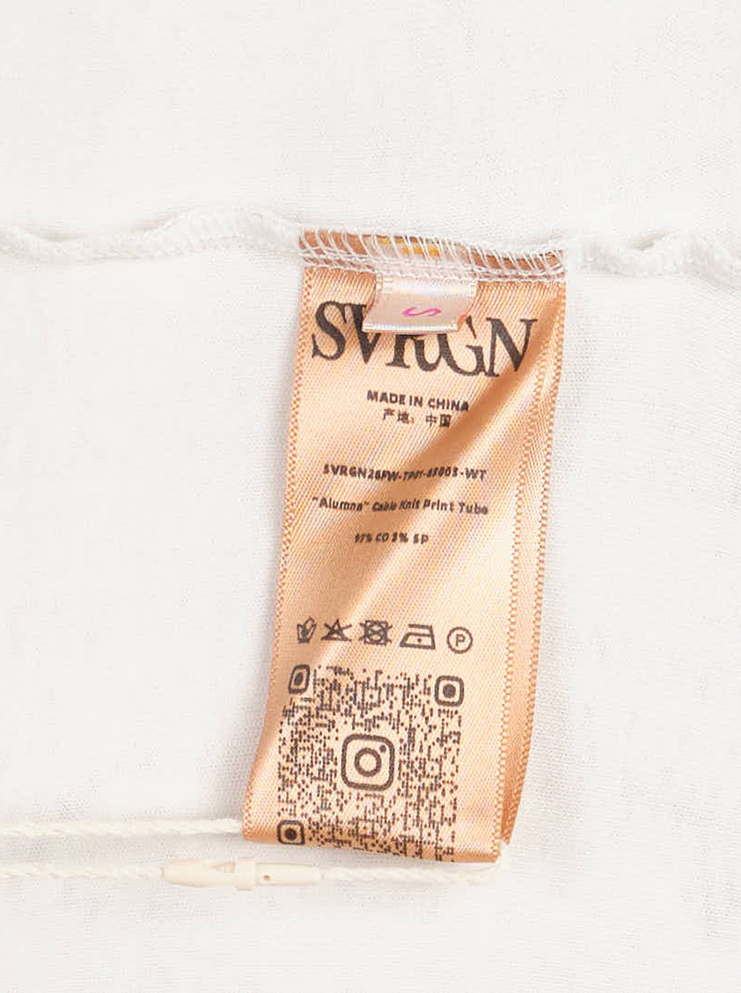Sultry Virgin cream cable knit print strapless tube top with collegiate 'Virgin Institution' crest graphic at the hem, photographed flat on a white background - view 3