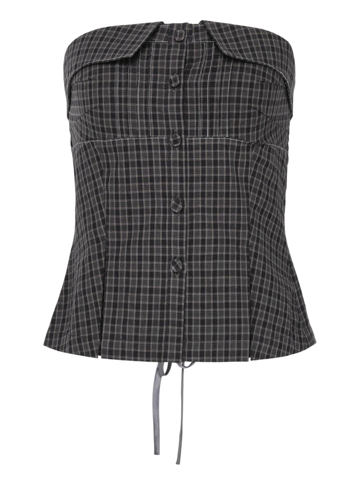 Sultry Virgin Gingham Shirting Tube Top in dark grey check with fold-over collar, self-covered button placket, contrast topstitching, and drawstring tie hem on a white background
