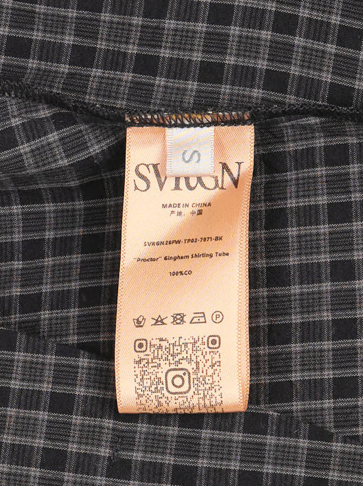 Sultry Virgin Gingham Shirting Tube Top in dark grey check with fold-over collar, self-covered button placket, contrast topstitching, and drawstring tie hem on a white background - view 3