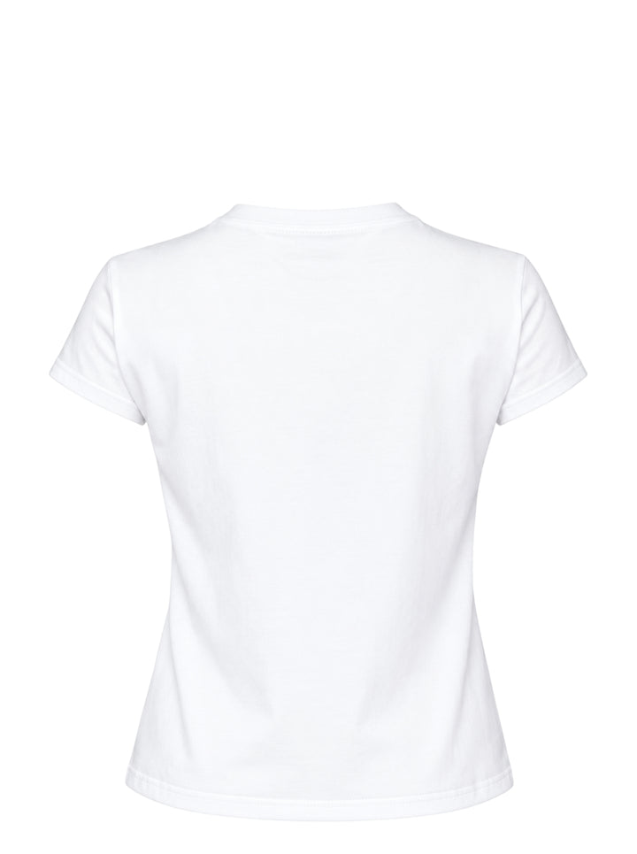 Sultry Virgin white baby tee with bold pink collegiate-style 'This Is Too Much Effort' slogan print on the chest, crew neckline, short sleeves, fitted silhouette - view 2