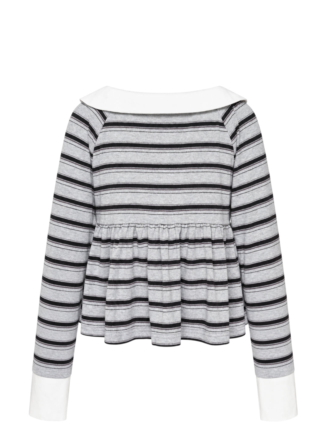 Sultry Virgin Stripe Babydoll Polo in grey and black stripes with a white Peter Pan collar, pink button placket, gathered peplum hem, and white cuff trim on long sleeves - view 2