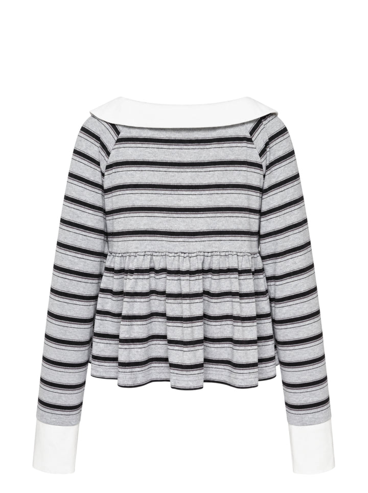 Sultry Virgin Stripe Babydoll Polo in grey and black stripes with a white Peter Pan collar, pink button placket, gathered peplum hem, and white cuff trim on long sleeves - view 2