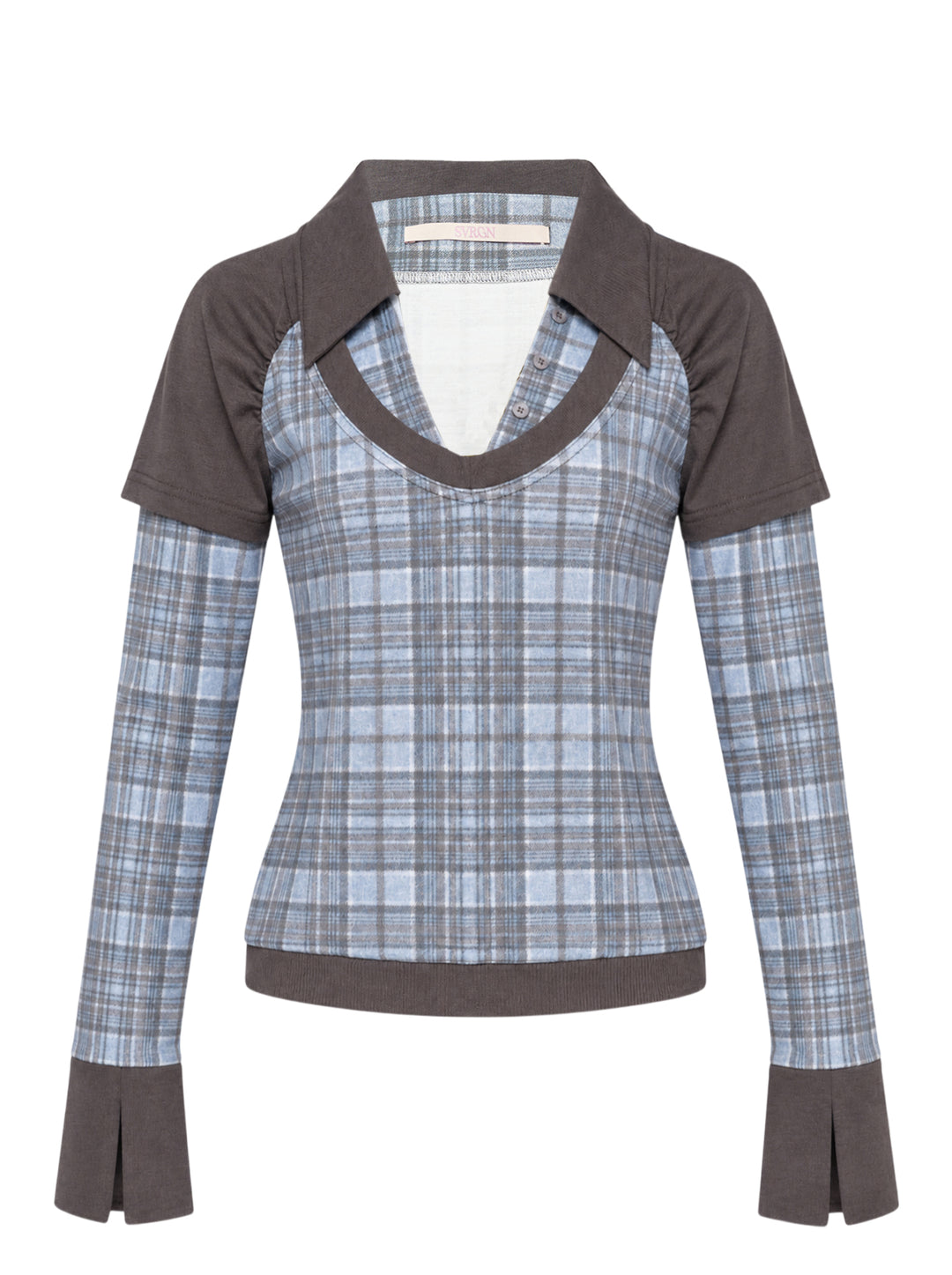 Sultry Virgin Plaid Contrast Top featuring a blue-grey plaid fitted body with an integrated grey jersey collar overlay, long plaid sleeves, split cuffs, and a ribbed hem, styled as a layered two-piece look