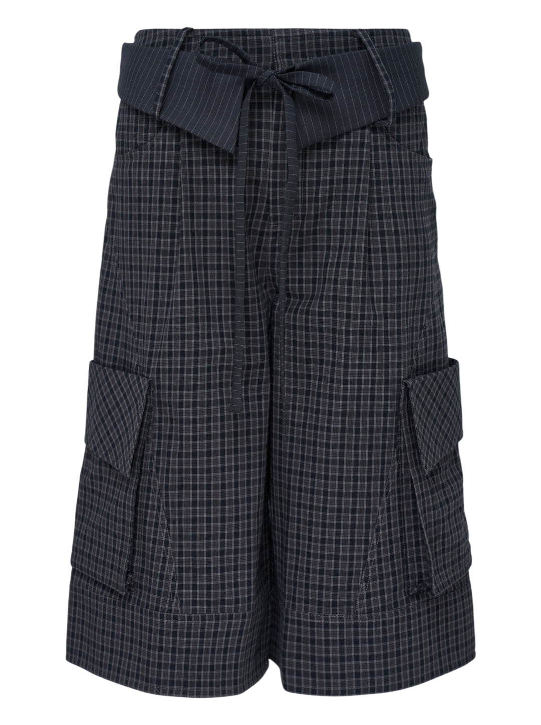 Sultry Virgin Curfew Gingham Cargo Pants in dark navy check with wide-leg silhouette, contrast pinstripe sash belt, and flap cargo pockets