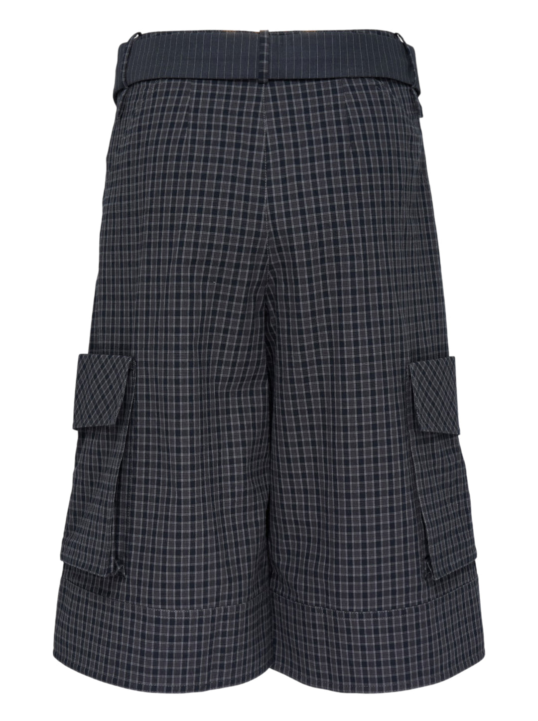 Sultry Virgin Curfew Gingham Cargo Pants in dark navy check with wide-leg silhouette, contrast pinstripe sash belt, and flap cargo pockets - view 2