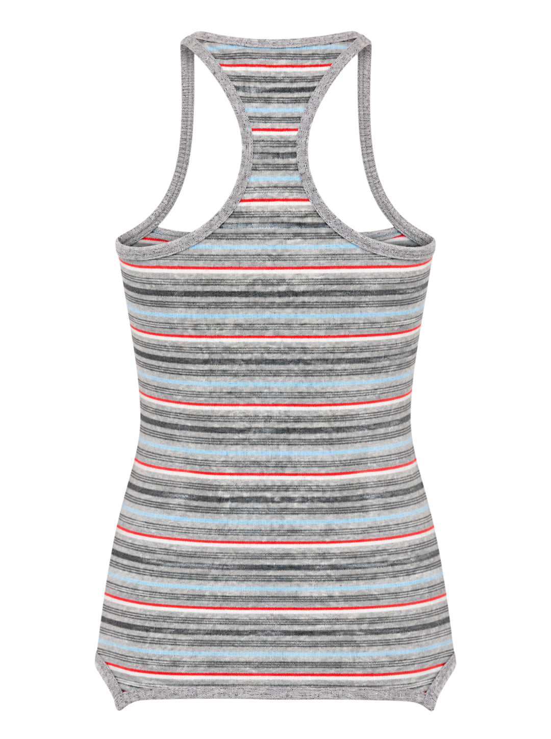 Sultry Virgin Curfew striped knit cami with racerback back, button-front placket, and horizontal grey, blue, and red stripe pattern on a white background - view 2