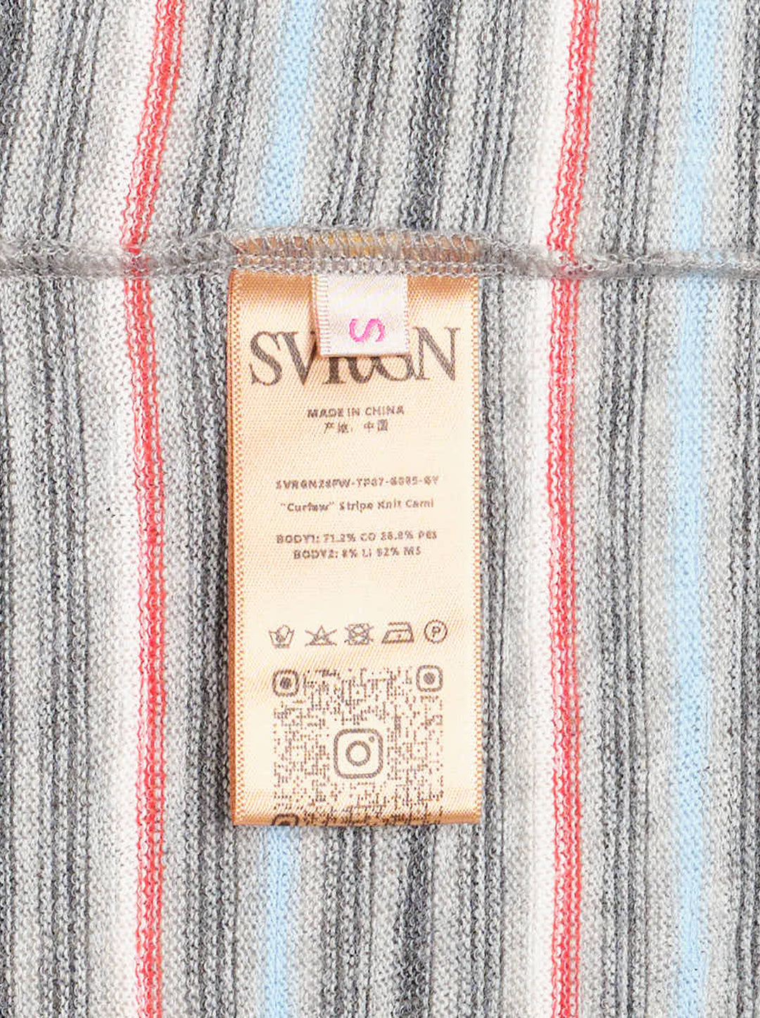 Sultry Virgin Curfew striped knit cami with racerback back, button-front placket, and horizontal grey, blue, and red stripe pattern on a white background - view 3