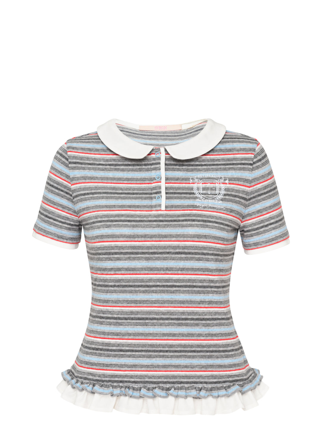 Sultry Virgin Stripe Knit Polo featuring a white Peter Pan collar, short button placket, embroidered crest, multi-stripe knit in grey, blue, and red, and a ruffle hem with sheer tulle trim
