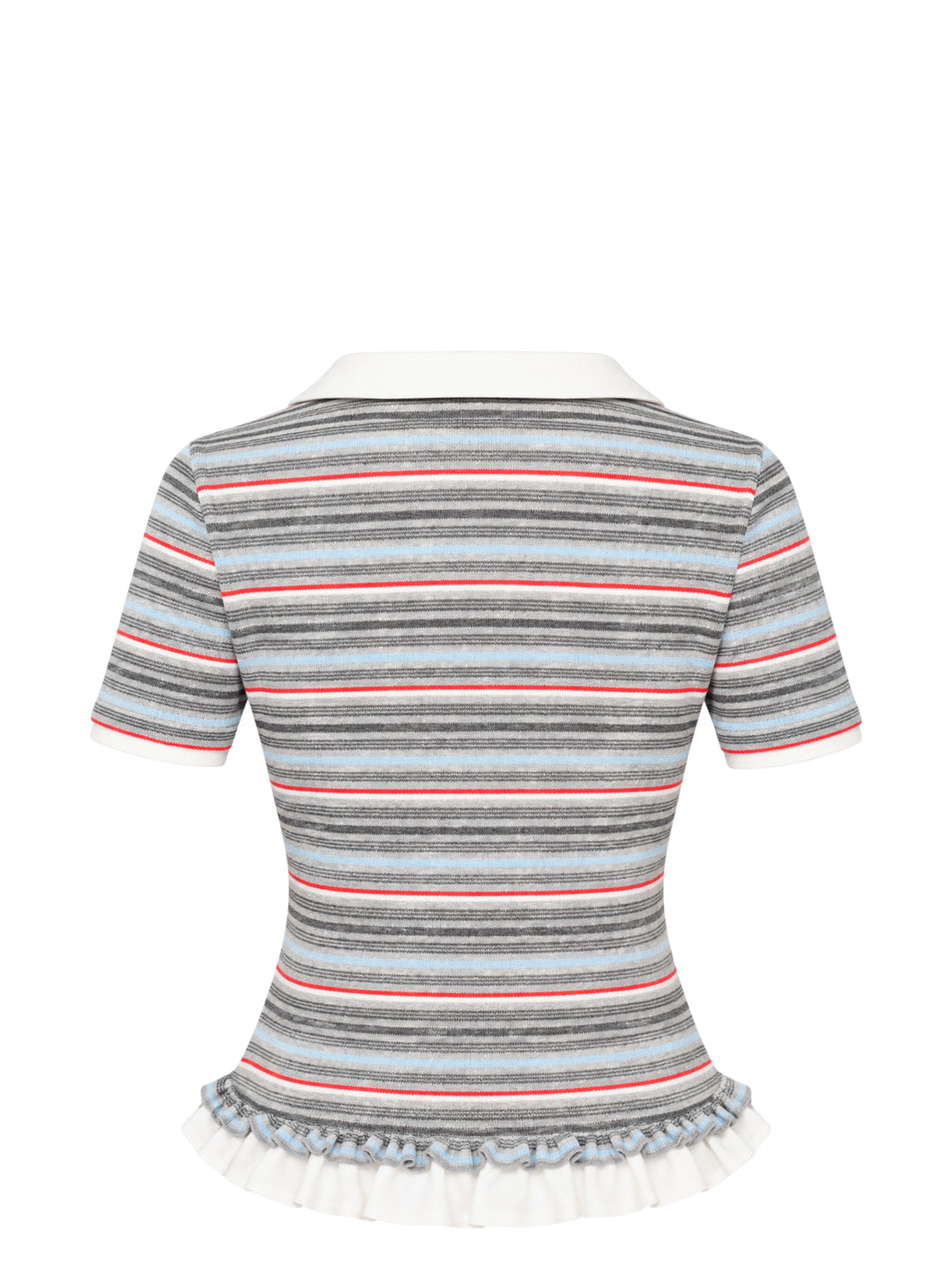 Sultry Virgin Stripe Knit Polo featuring a white Peter Pan collar, short button placket, embroidered crest, multi-stripe knit in grey, blue, and red, and a ruffle hem with sheer tulle trim - view 2