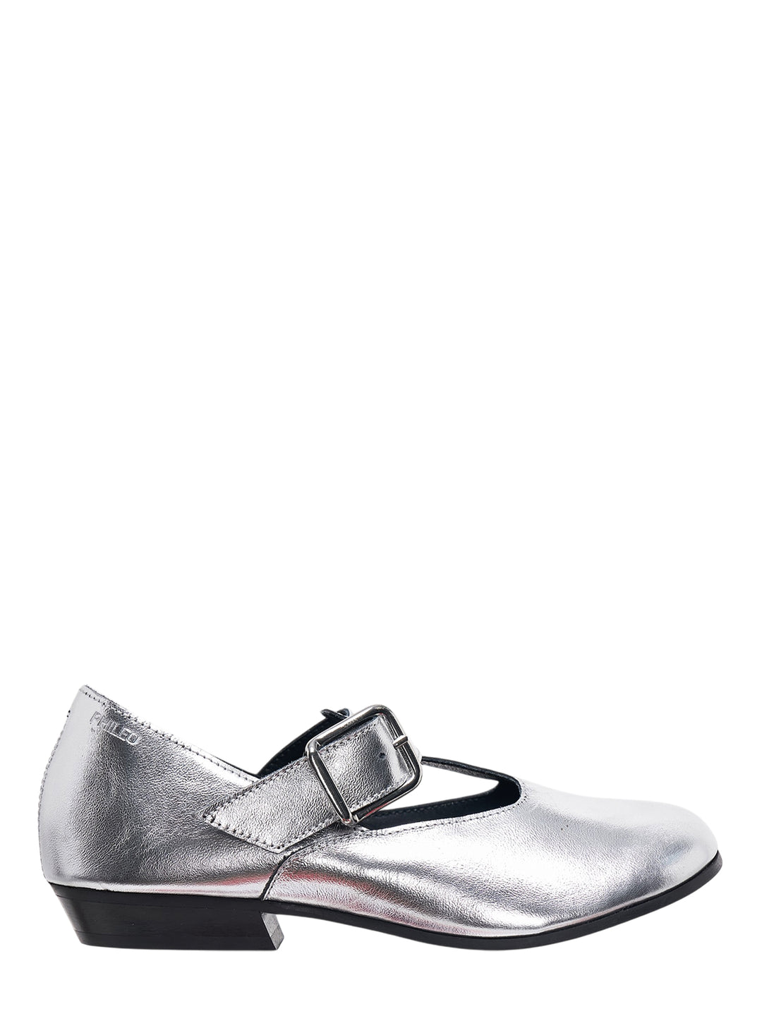 Phileo Salome Mary Jane flats in metallic silver leather with T-bar buckle strap and low block heel, shown in side profile
