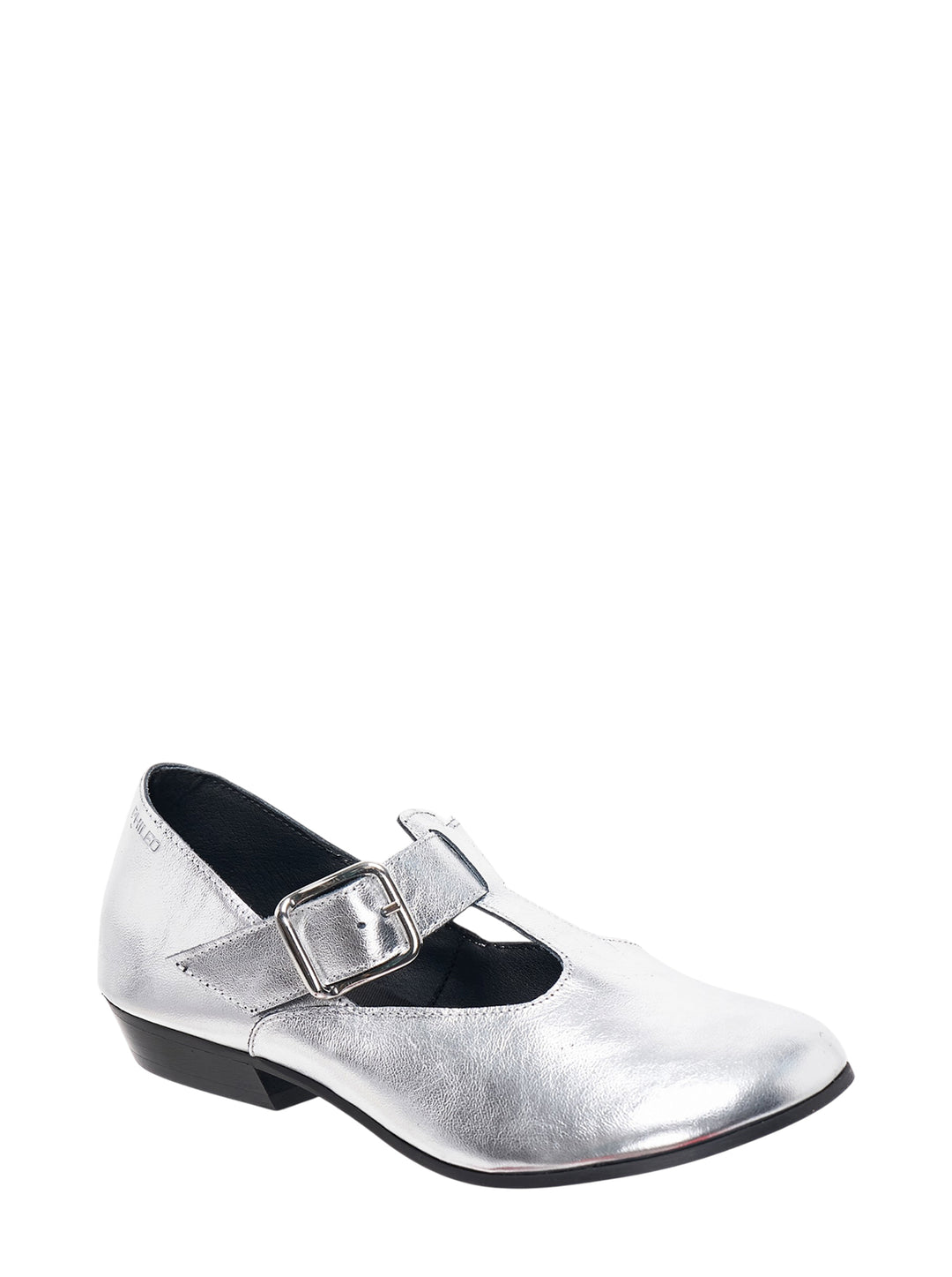 Phileo Salome Mary Jane flats in metallic silver leather with T-bar buckle strap and low block heel, shown in side profile - view 2