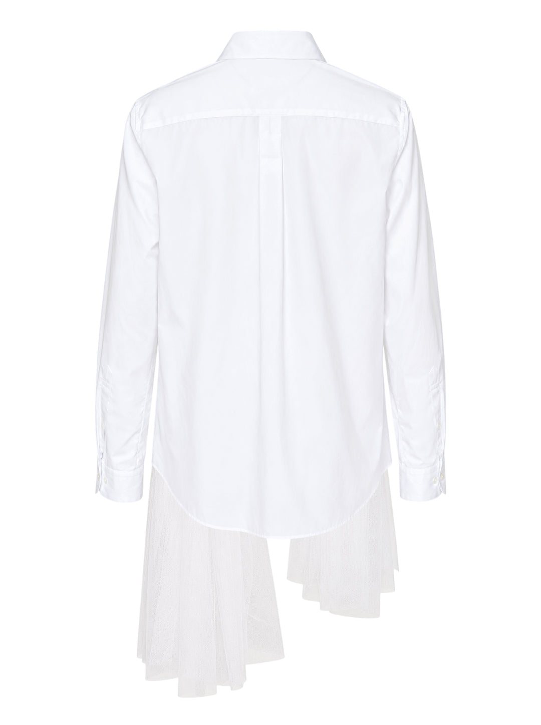 Noir Kei Ninomiya white button-up shirt with rounded collar, gathered tulle ruffle details at the waist and an asymmetric layered tulle hem - view 2