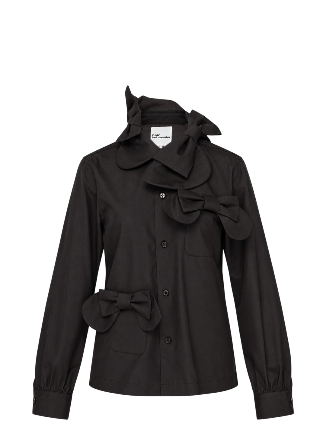 Black cotton long-sleeve button-up shirt by Noir Kei Ninomiya with oversized ribbon bows at the collar, chest and waist pocket