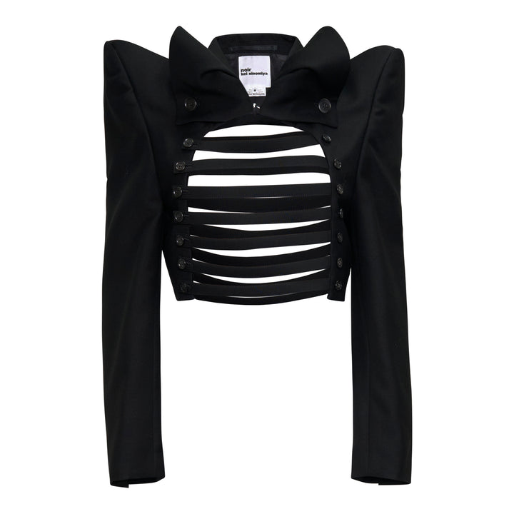 Noir Kei Ninomiya black cropped jacket with horizontal slashed front panels, sculptural shoulders, and double-breasted button detailing, displayed flat on a white background