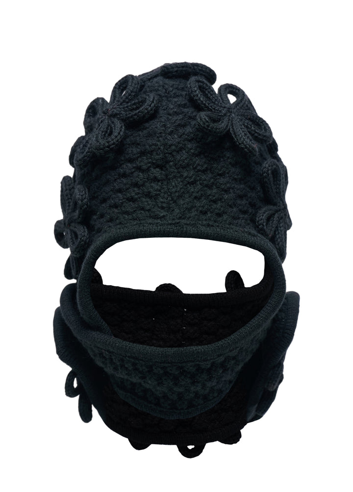 Noir Kei Ninomiya black knitted balaclava with three-dimensional looped floral appliqués across the crown and neck - view 3