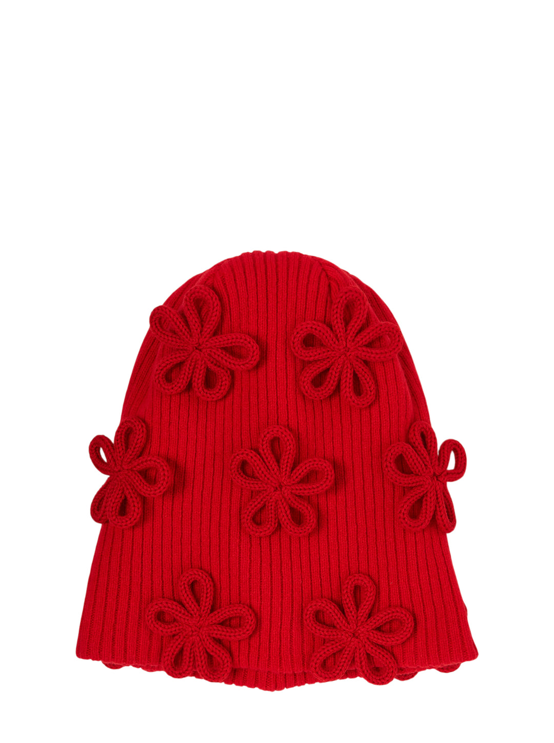 Red ribbed knit beanie with looped floral appliqués by Noir Kei Ninomiya