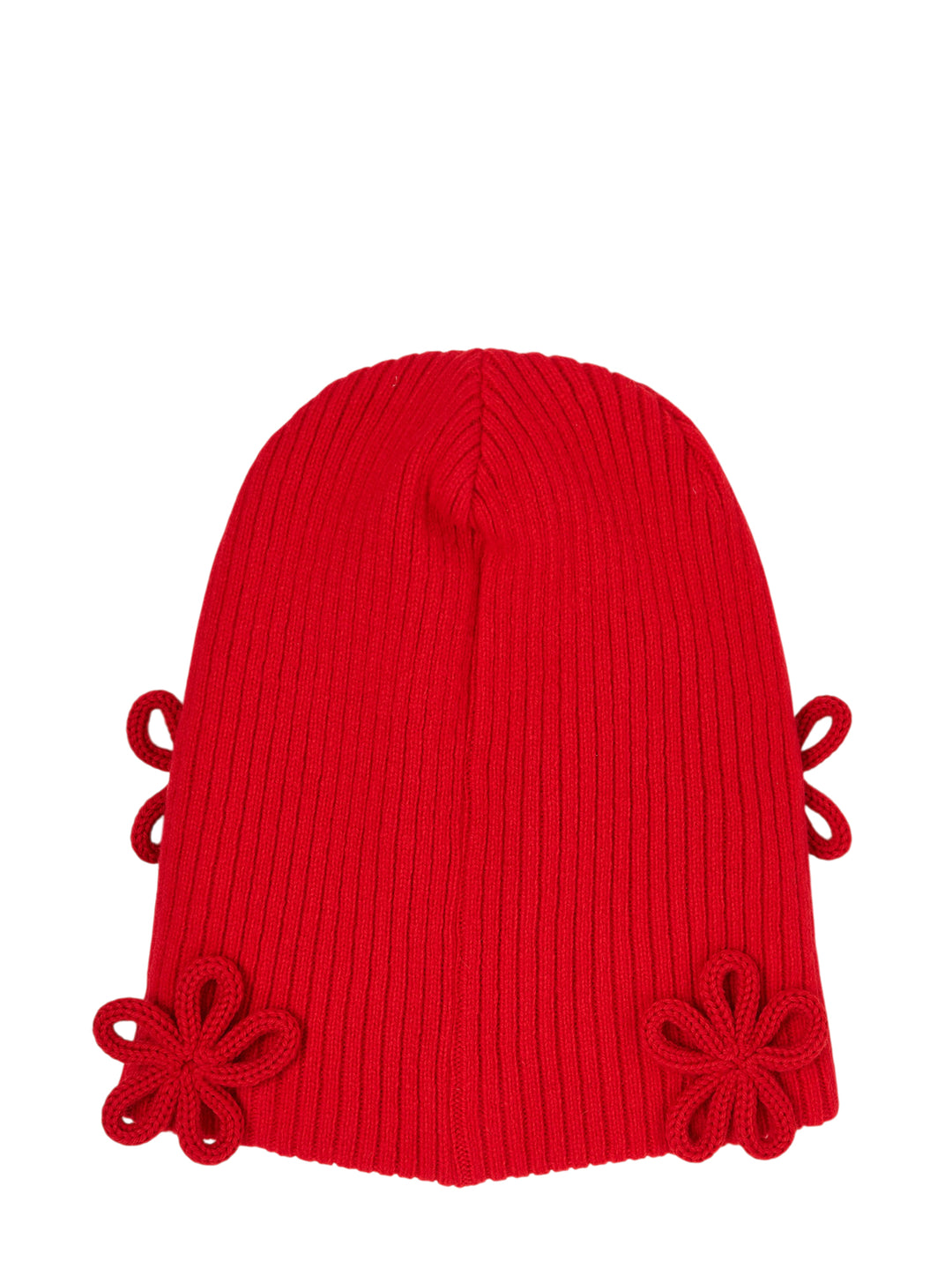 Red ribbed knit beanie with looped floral appliqués by Noir Kei Ninomiya - view 2