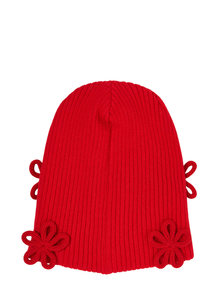 Red ribbed knit beanie with looped floral appliqués by Noir Kei Ninomiya - view 2