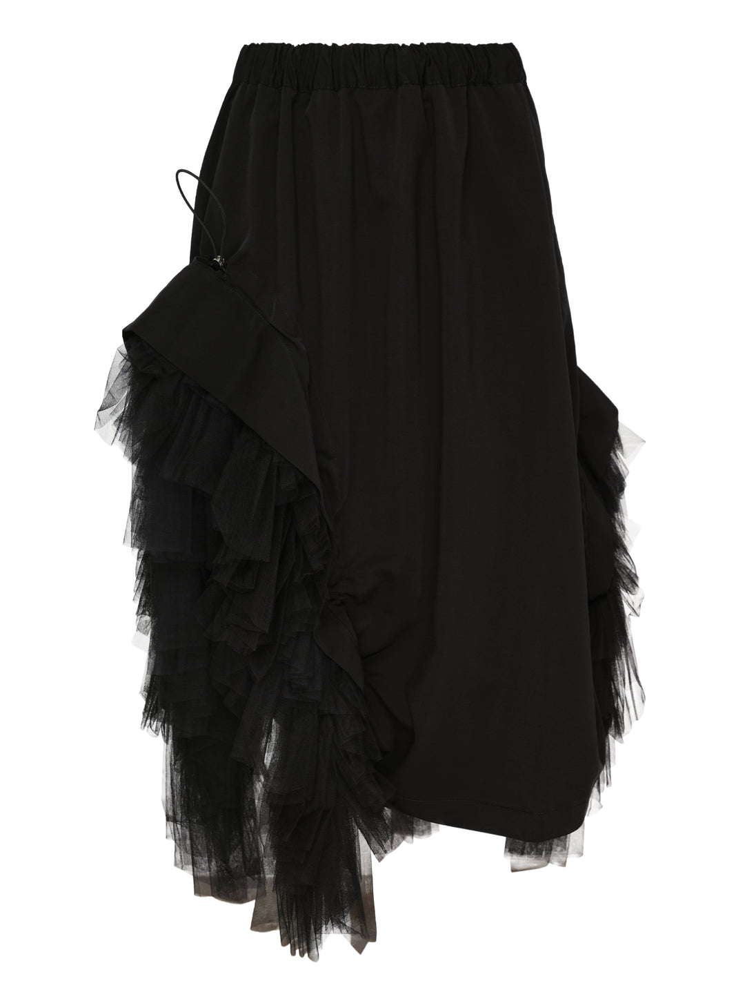 Noir Kei Ninomiya black asymmetrical midi skirt with tiered tulle ruffles and elasticated waistband, shown flat on white background