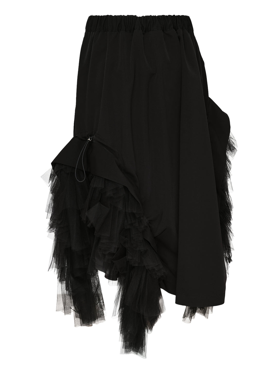 Noir Kei Ninomiya black asymmetrical midi skirt with tiered tulle ruffles and elasticated waistband, shown flat on white background - view 2
