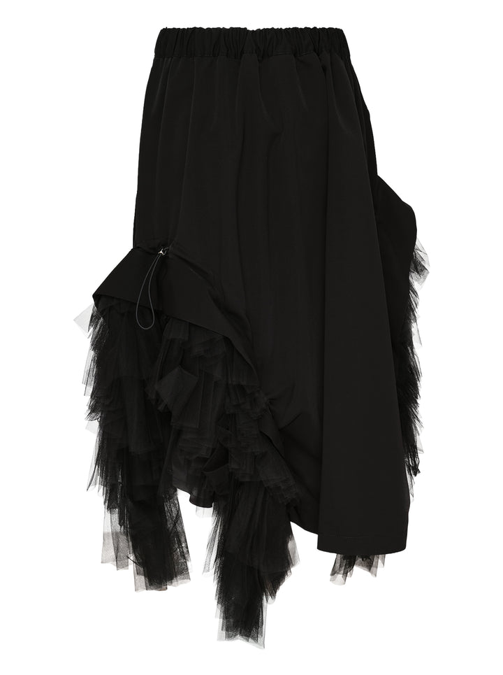 Noir Kei Ninomiya black asymmetrical midi skirt with tiered tulle ruffles and elasticated waistband, shown flat on white background - view 2