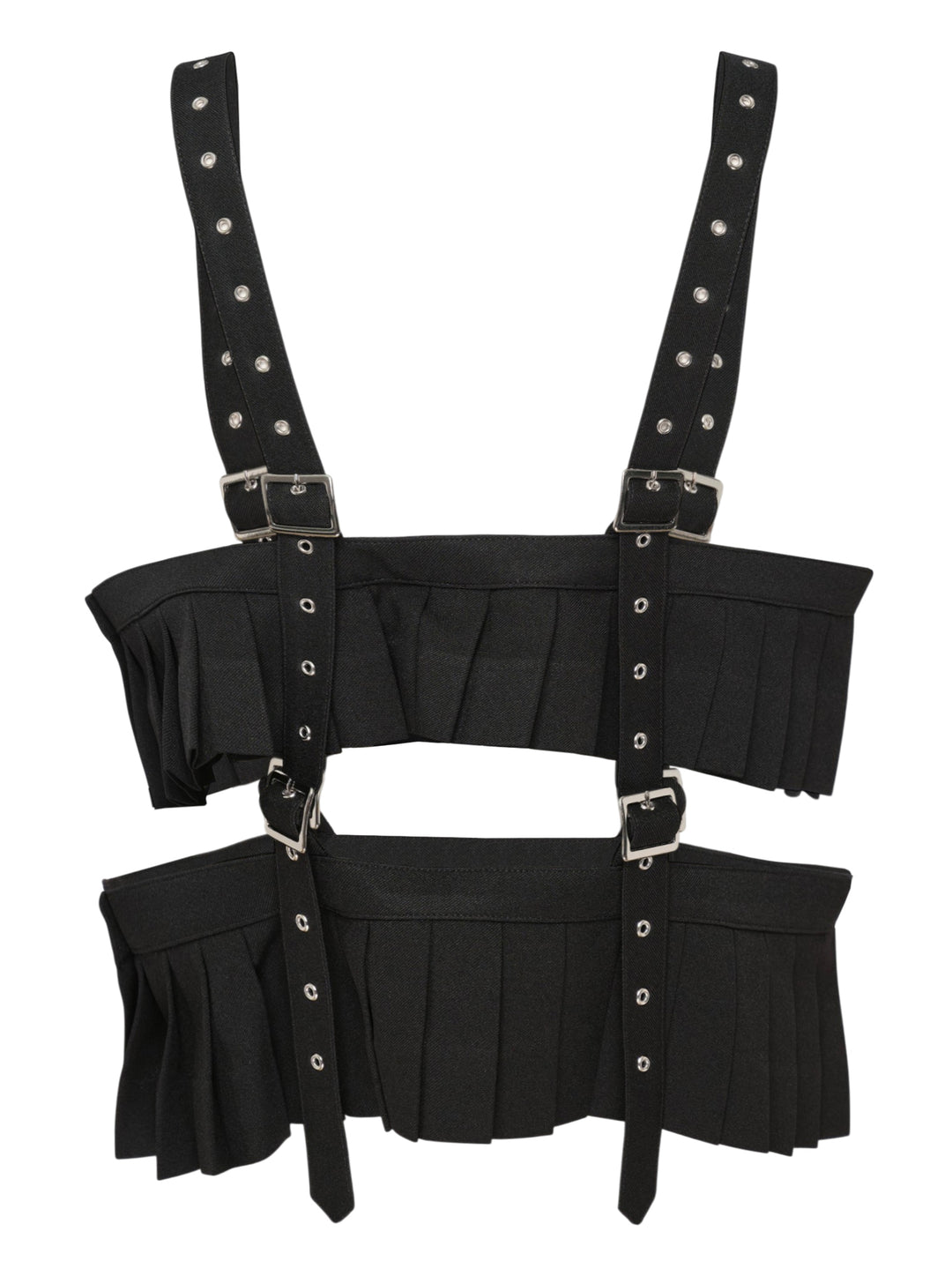 Noir Kei Ninomiya black polyester gabardine harness vest with knife-pleated panels, silver buckles, and studded shoulder straps on a white background - view 2
