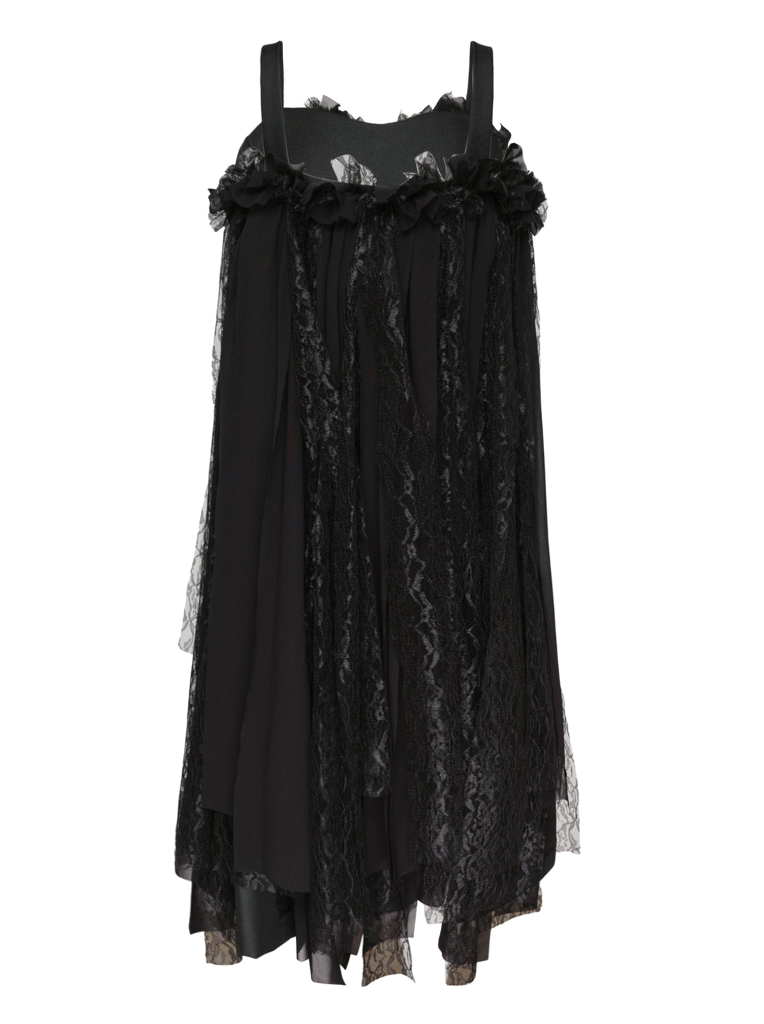 Comme des Garçons black sheer layered raschel lace dress with ruffled neckline, floral appliqués, mixed tulle and lace vertical panels, and an asymmetric raw-edged hem - view 2