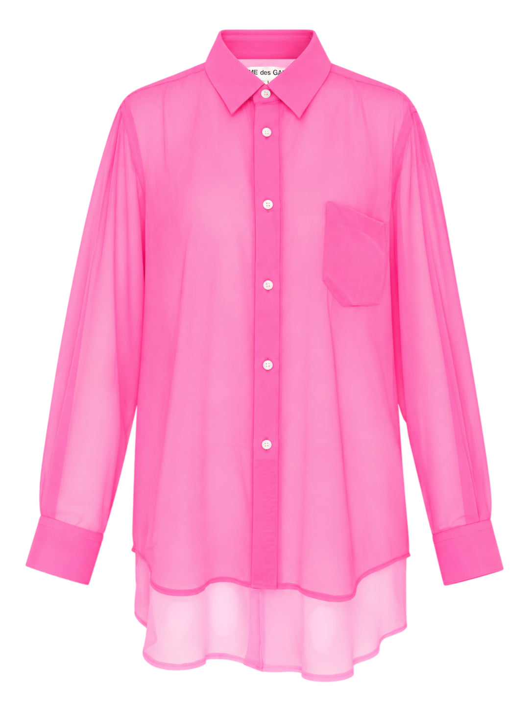 Comme des Garçons sheer fuchsia pink longline tailored blouse with point collar, white button-front fastening, chest patch pocket, and structured cuffs