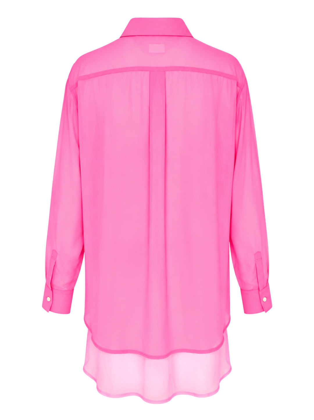 Comme des Garçons sheer fuchsia pink longline tailored blouse with point collar, white button-front fastening, chest patch pocket, and structured cuffs - view 2