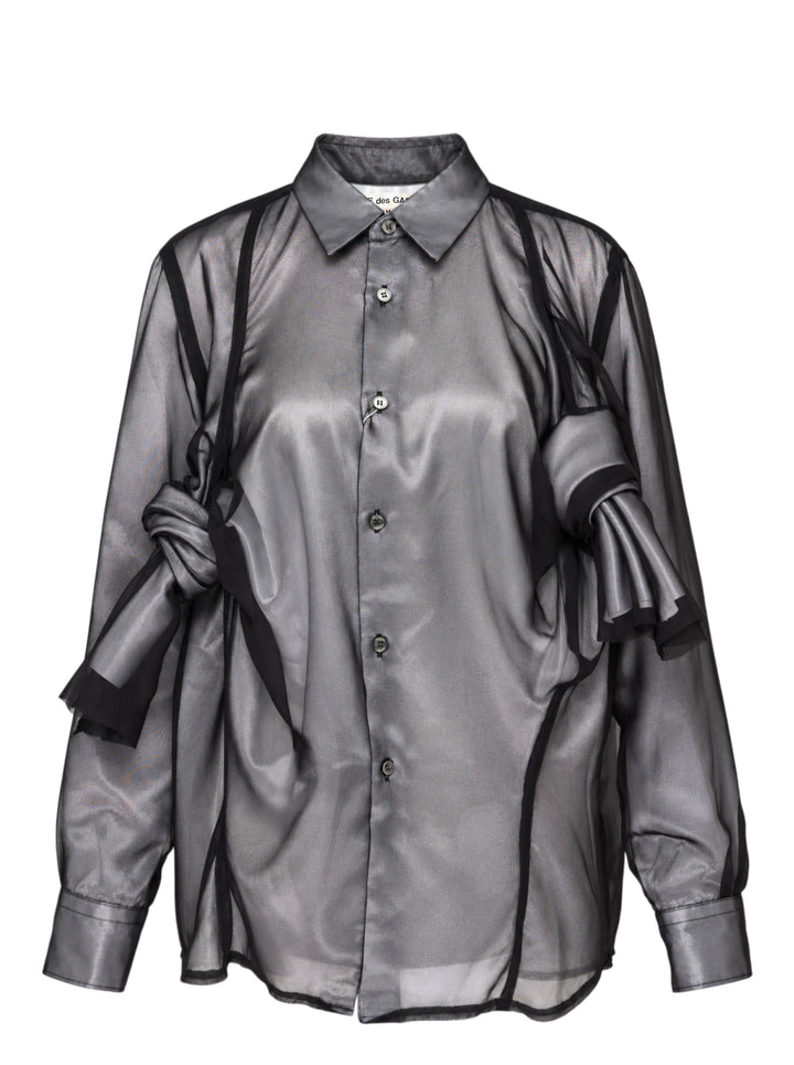 Comme des Garçons sheer layered button-up blouse with knotted fabric detailing at the sleeves