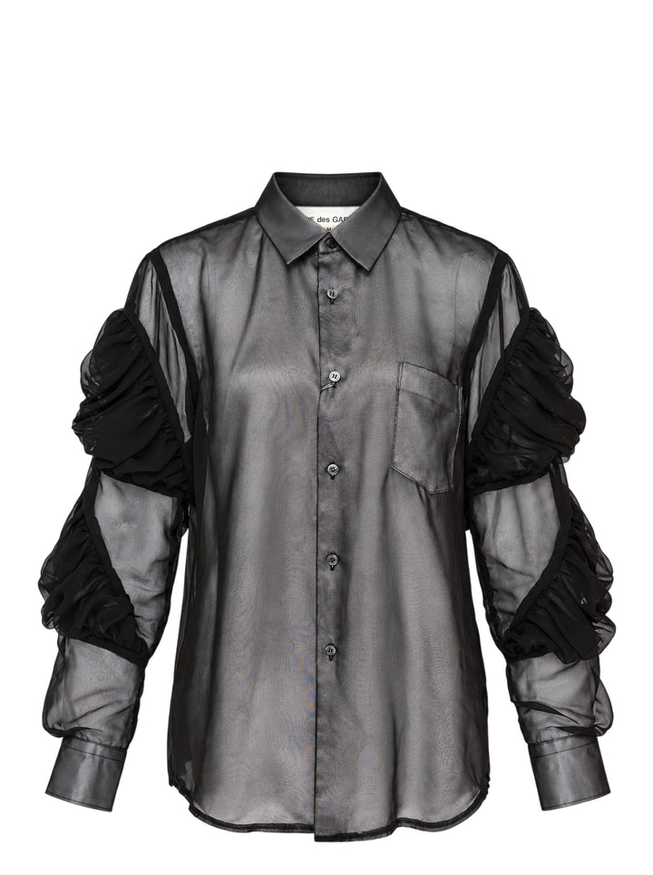 Black sheer button-up shirt with ruched gathered sleeve panels and a chest pocket by Comme des Garçons
