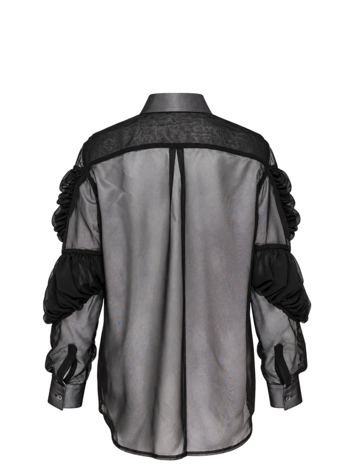 Black sheer button-up shirt with ruched gathered sleeve panels and a chest pocket by Comme des Garçons - view 2