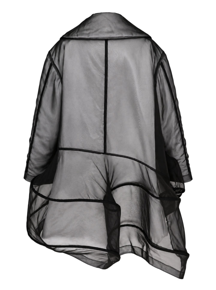 Comme des Garçons black sheer organza coat with rounded collar, three-button front and asymmetric panelled draped hem - view 2