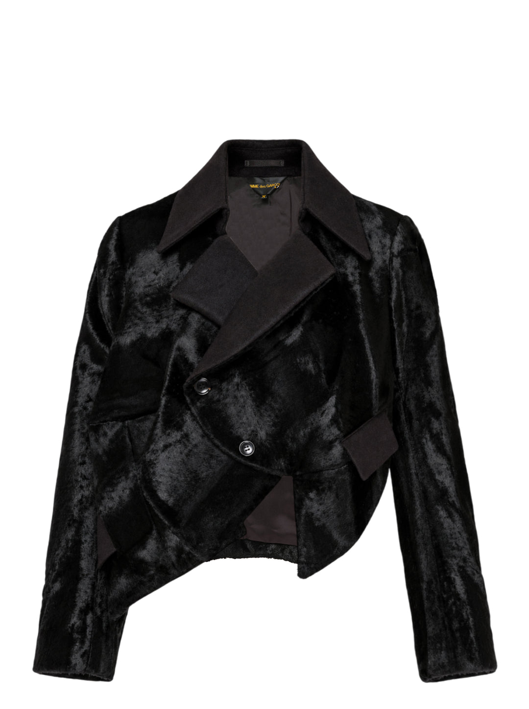 Comme des Garçons cropped asymmetric blazer in black faux fur with contrast collar and flap details