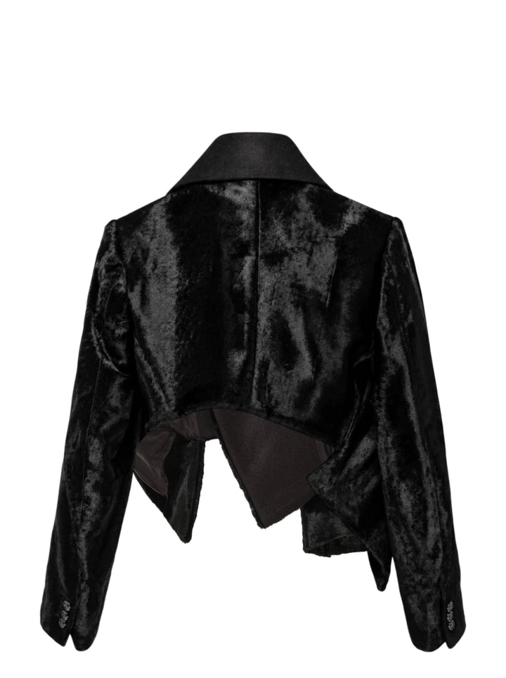 Comme des Garçons cropped asymmetric blazer in black faux fur with contrast collar and flap details - view 2
