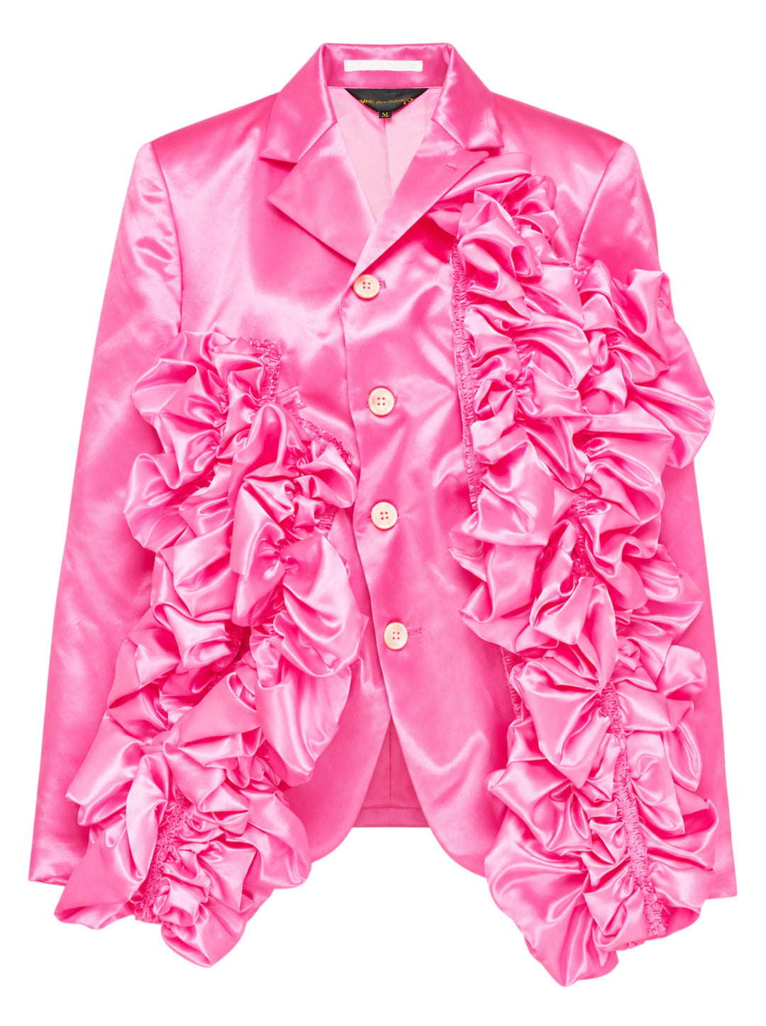 Comme des Garçons hot pink satin single-breasted blazer with large cascading gathered ruffle appliqués across the front, four cream buttons, and a notched lapel, product flat lay on white background