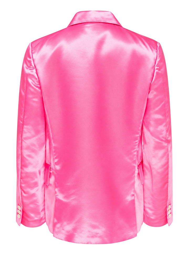 Comme des Garçons hot pink satin single-breasted blazer with large cascading gathered ruffle appliqués across the front, four cream buttons, and a notched lapel, product flat lay on white background - view 2