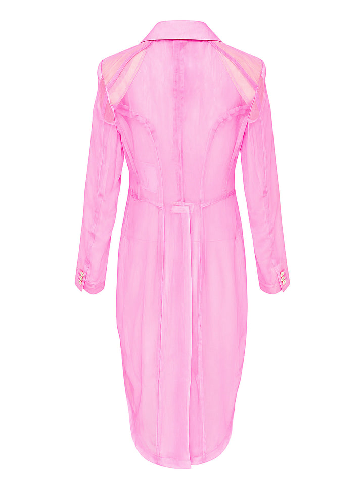 Comme des Garçons pink sheer tailcoat blazer with notched lapels, two-button fastening, chest welt pocket, and dramatic swallow-tail hi-lo hem - view 2