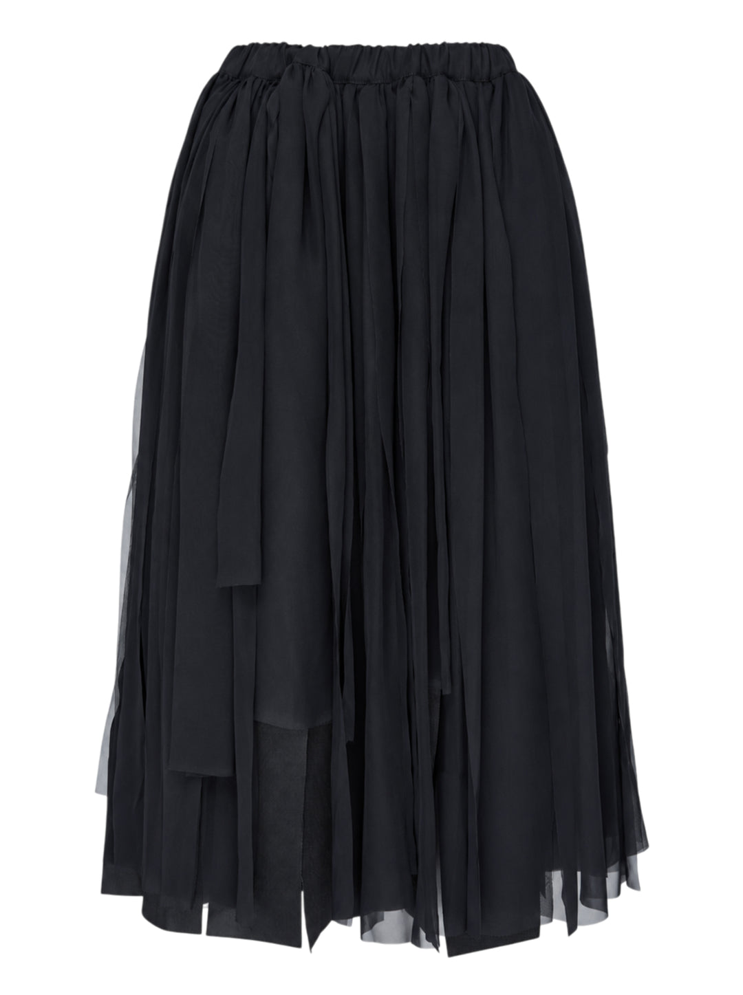 Comme des Garçons black asymmetric layered pleated midi skirt with elasticated waist and cascading ribbon-like sheer panels