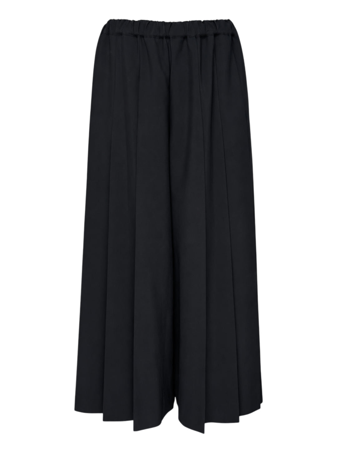 Comme des Garçons black pleated wide-leg trousers with elasticated waistband and fluid, midi-length silhouette, displayed flat on a white background