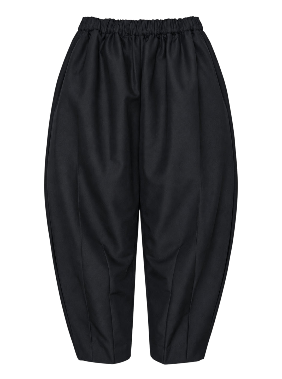 Comme des Garçons black rounded silhouette balloon-leg pants with elasticated waistband and structured vertical seaming, laid flat on white background