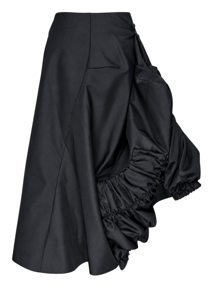 Comme des Garçons black asymmetrical midi skirt with ruched detailing and a flared hem, shown from the side against a white background - view 2