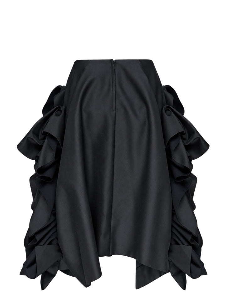 Comme des Garçons black asymmetrical midi skirt with voluminous gathered ruffle panels on both sides and a smooth structured centre panel, photographed on a white background - view 2