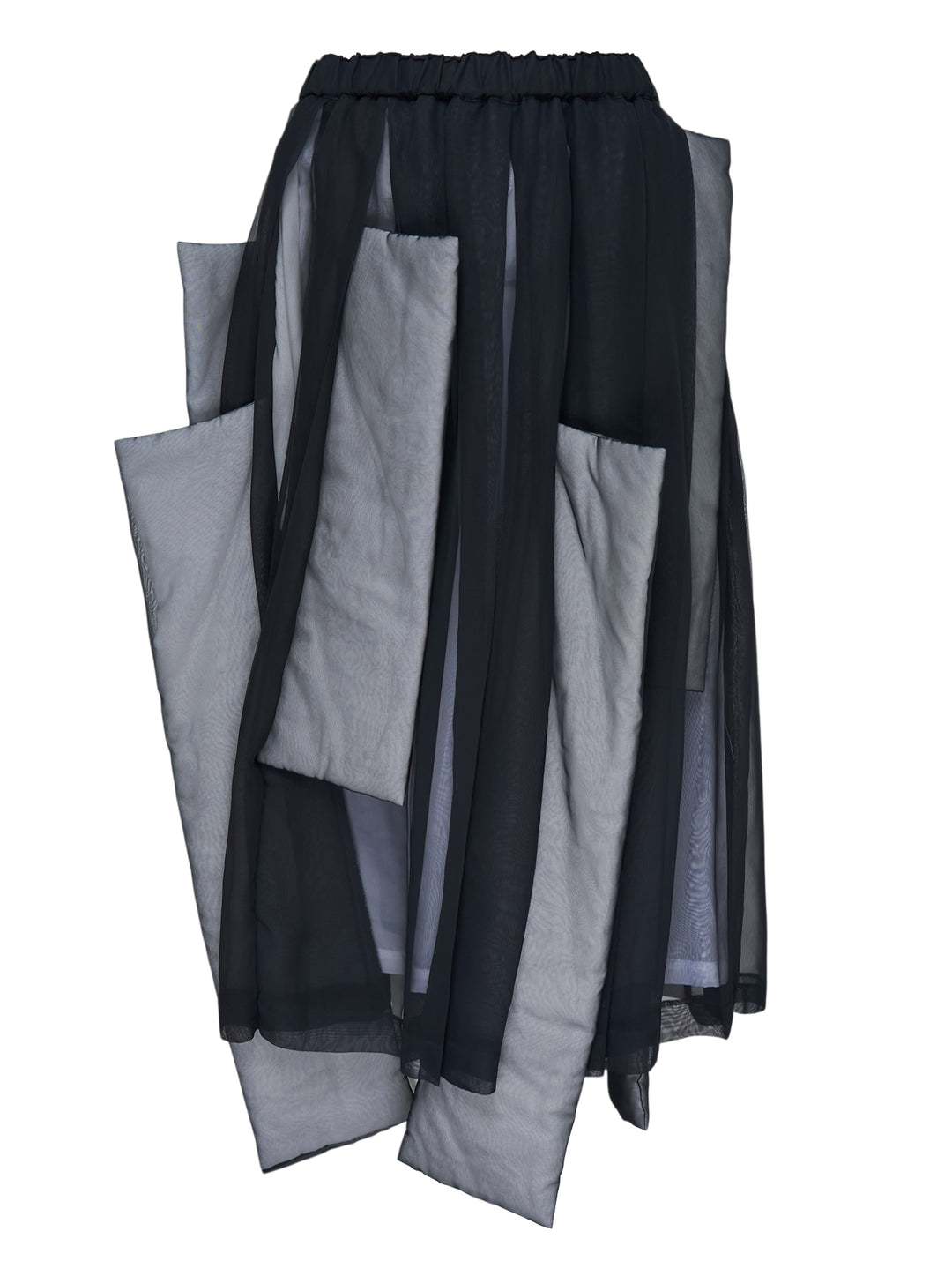 Comme des Garçons layered panel skirt in sheer black with padded grey panels and an elasticated waist